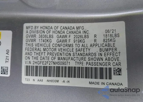 2022 Honda Civic Lx from USA, damaged, VIN 2HGFE2F27NH509071